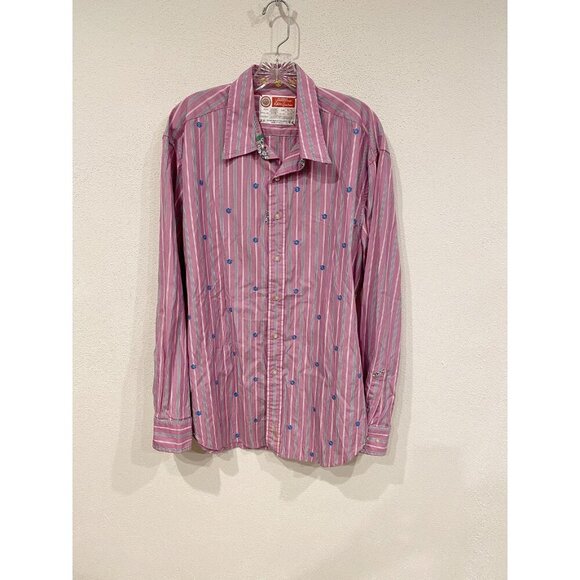 Robert Graham Shirt Mens XL Multi Stripe Button Up Blue Floral Embroidery - Picture 1 of 5